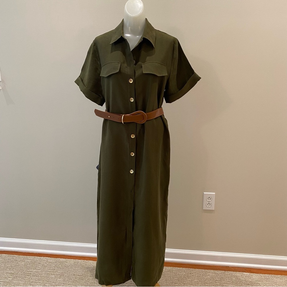 Zara NWT Olive Green Button-Up Shirt Dress with belt size Medium - Picture 4 of 9